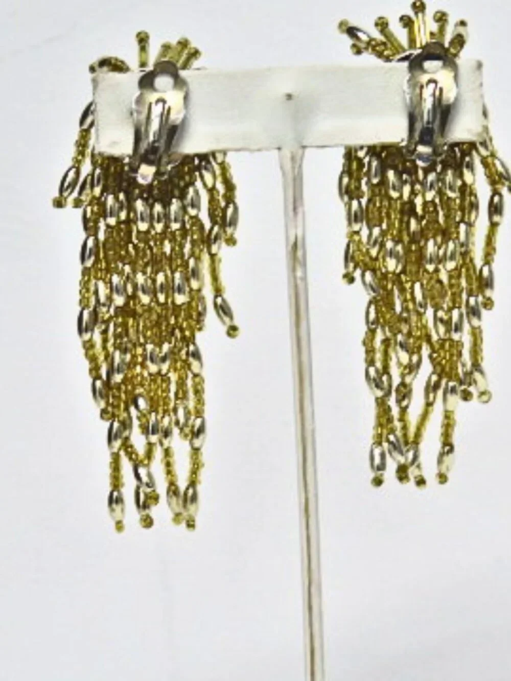 Vintage Gold Tone Waterfall Tassel Clip-On Earrings Statement Estate Jewelry